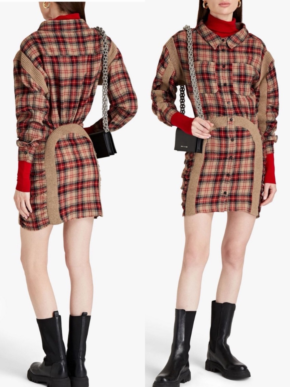 Stella McCartney Wren Ruched Plaid Wool Mini Shirt Dress NWT
